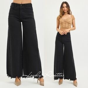 Black Wide-Leg Frayed Hem Jeans